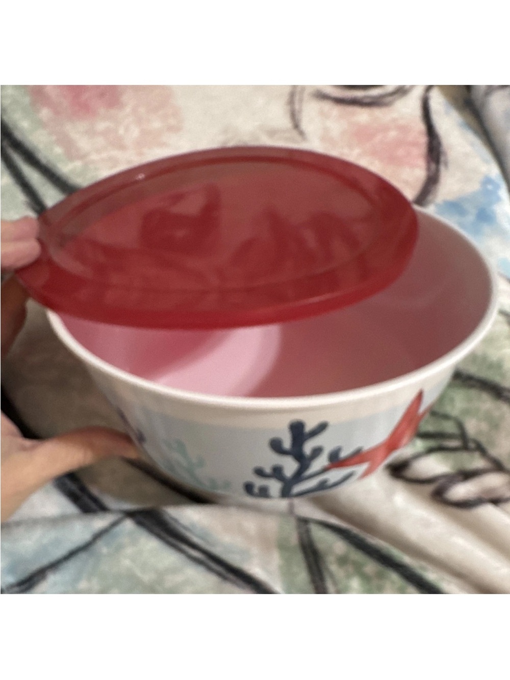 Party Serving Bowl with Red Lid - Pink Interior